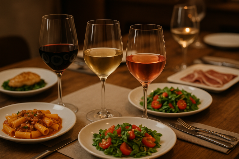 Mesa posta elegantemente com taças de vinho tinto, branco e rosé, acompanhadas de pratos variados para harmonização.