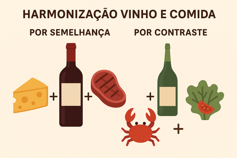 Infográfico ilustrando harmonização de vinho e comida por semelhança e por contraste, com imagens de queijo, carne, caranguejo e salada ao lado de garrafas de vinho.