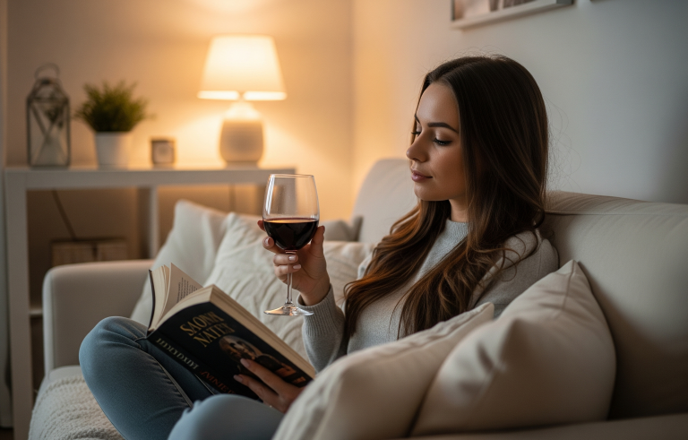 Uma mulher jovem e sorridente, de cabelos castanhos e ondulados, segura uma taça de vinho tinto em uma mão e um livro aberto na outra, enquanto relaxa em um sofá branco aconchegante com almofadas, sob uma luz quente e suave de um abajur.