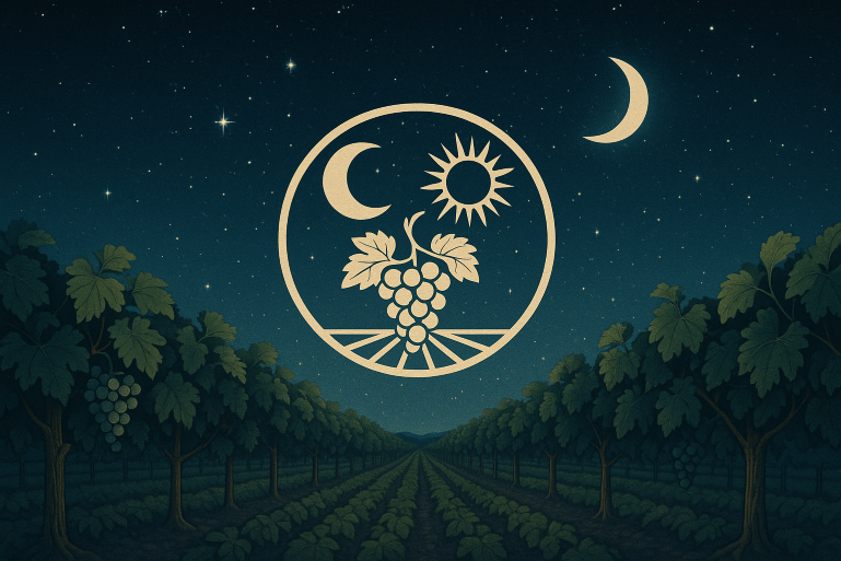 Ilustração noturna de uma vinha sob um céu estrelado com símbolo da agricultura biodinâmica ao centro, representando a conexão entre natureza e cosmos.