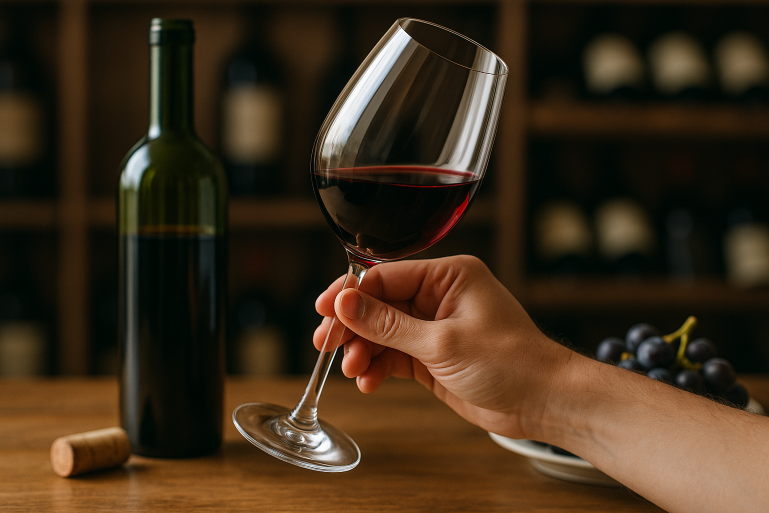 Mão segurando uma taça de vinho tinto sendo girada suavemente sobre uma mesa de madeira, com uma garrafa aberta e uvas ao fundo.