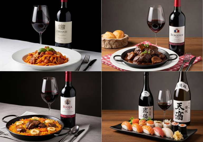 Mosaico de quatro fotos, cada uma mostrando um prato tradicional de um país diferente acompanhado de um copo e uma garrafa de vinho, ilustrando a diversidade da harmonização regional de comida e vinho.