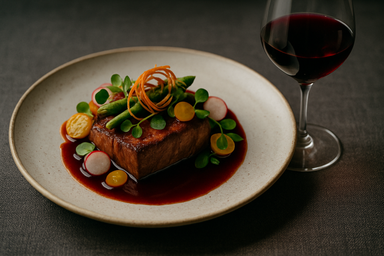 Prato gourmet com carne ao molho e vegetais acompanhado de uma taça de vinho tinto, servido com apresentação refinada.