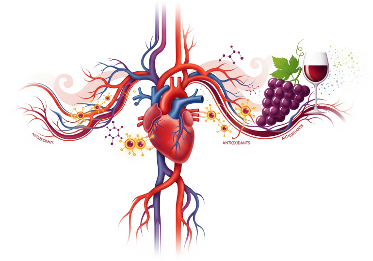Uma ilustração artística e abstrata do sistema cardiovascular humano, com vasos sanguíneos e um coração estilizados, onde elementos de uvas e vinho se entrelaçam, simbolizando a proteção dos antioxidantes do vinho contra o estresse oxidativo.