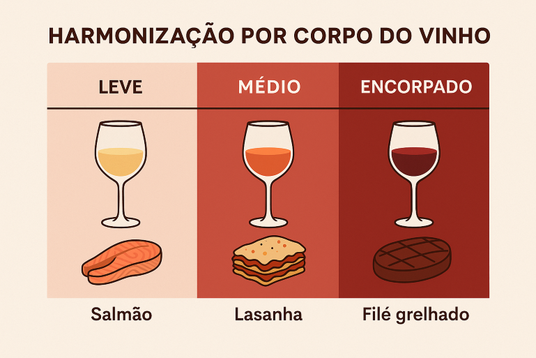 Infográfico em português com três colunas mostrando a harmonização por corpo do vinho: leve com salmão, médio com lasanha e encorpado com filé grelhado.