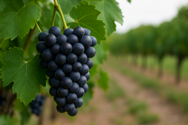 Cacho de uvas roxas pendurado em uma videira, com folhas verdes ao redor e vinhedo ao fundo desfocado.