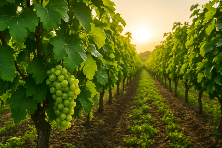 Vinha verdejante com uvas maduras e solo fértil ao pôr do sol, representando agricultura orgânica e sustentabilidade.