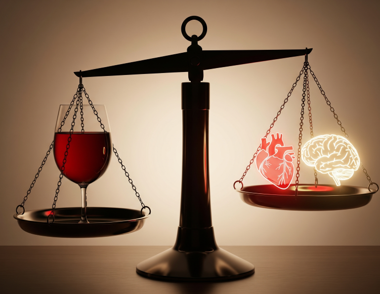 Uma balança equilibrada com uma taça de vinho tinto em um dos pratos e símbolos estilizados de um coração e um cérebro no outro, sob uma iluminação suave e convidativa, representando a moderação e o equilíbrio entre o consumo de vinho e a saúde.
