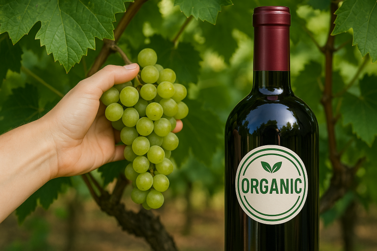 Mão colhendo uvas verdes em uma vinha ao lado de uma garrafa de vinho com selo de certificação orgânica.