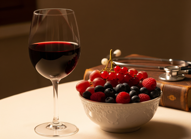 Uma taça de vinho tinto ao lado de uma tigela de frutas vermelhas (uvas, mirtilos, framboesas) e um livro antigo com um estetoscópio, simbolizando a conexão entre saúde, bem-estar e o consumo moderado de vinho.
