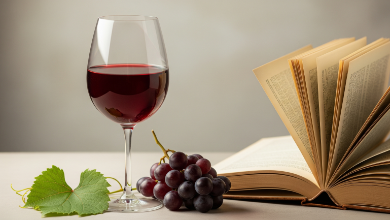 Um copo de vinho tinto, uvas frescas e um livro antigo abertos.
